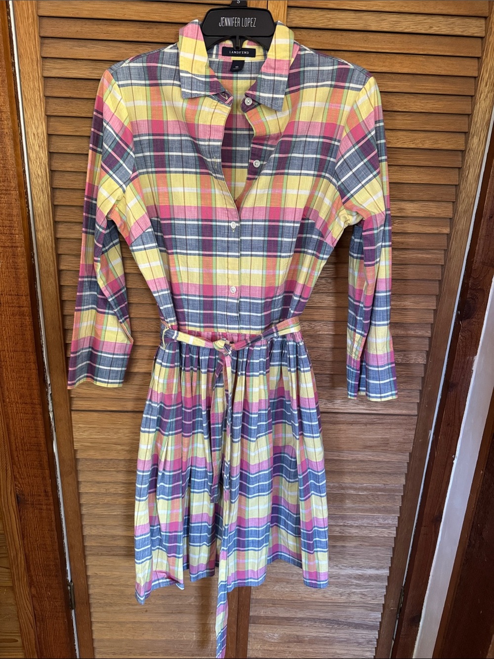 Lands End Button-Front Plaid Shirt Dress in Yellow, Pink & Gray 10